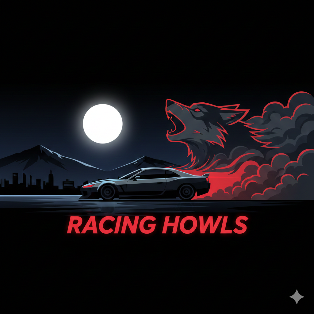 Car on a road with a howling wolf graphic and 'Racing Howls' text under a moonlit sky.